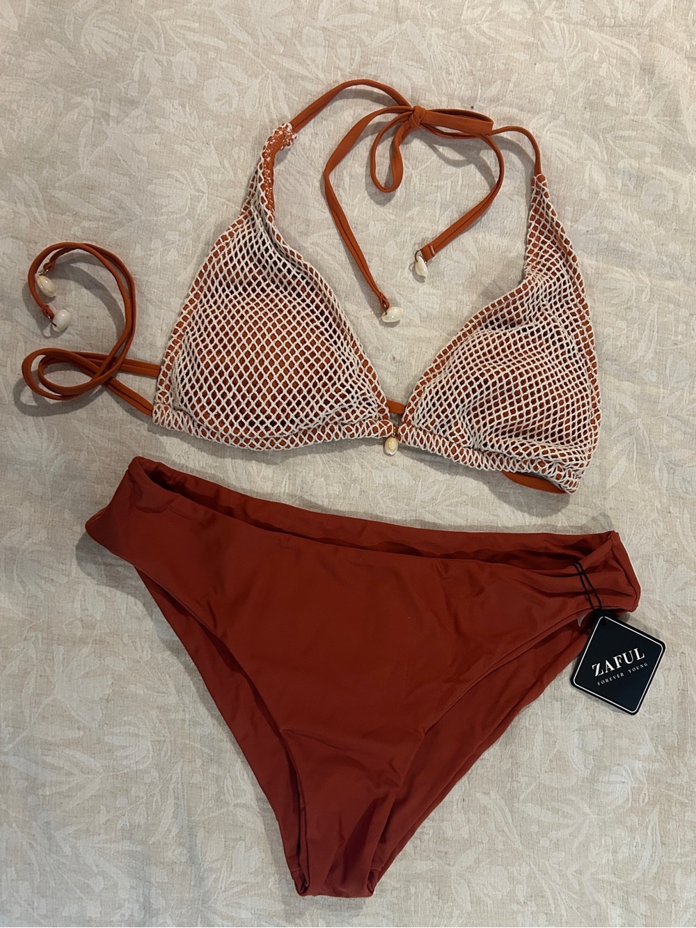 Zaful Rust Orange Mesh Triangle Bikini Set